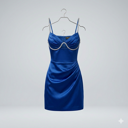 Vestido Corto Azul Real con Detalles de Pedrería